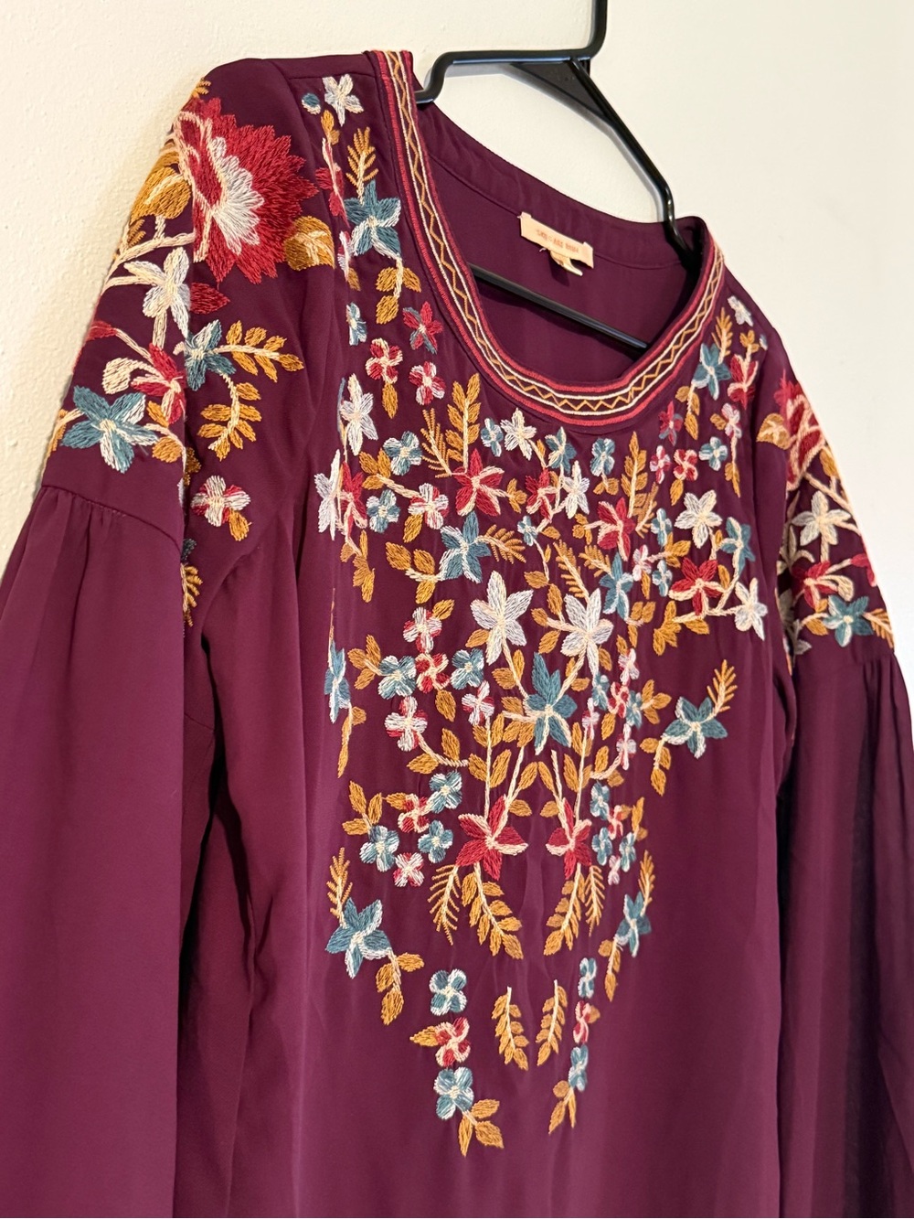 Skies Are Blue Embroidered Floral Boho Blouse Burgundy Bell Sleeve - size S
